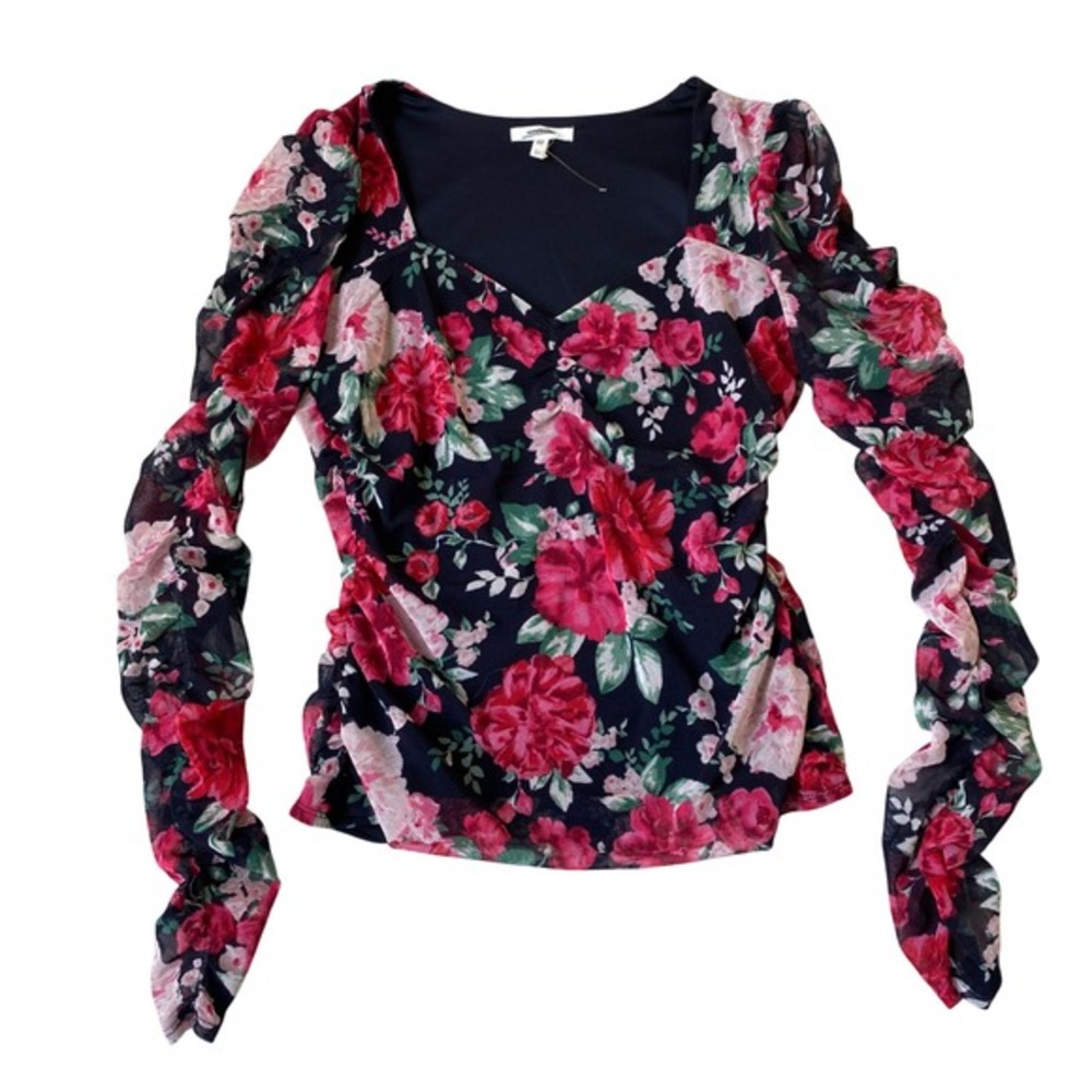 Maurices Whimisgoth Romantic Floral Ruched Mesh Top M Red Rose Cottagecore NWOT